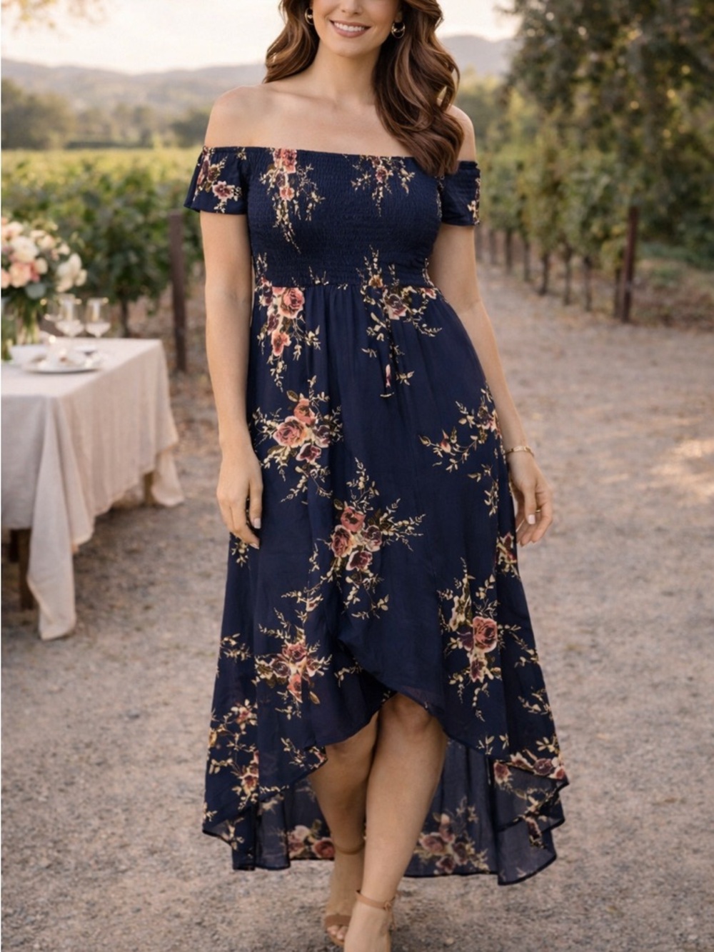 Omonsim Navy Floral Off-Shoulder Maxi Dress | Asymmetrical Hem Boho Romantic